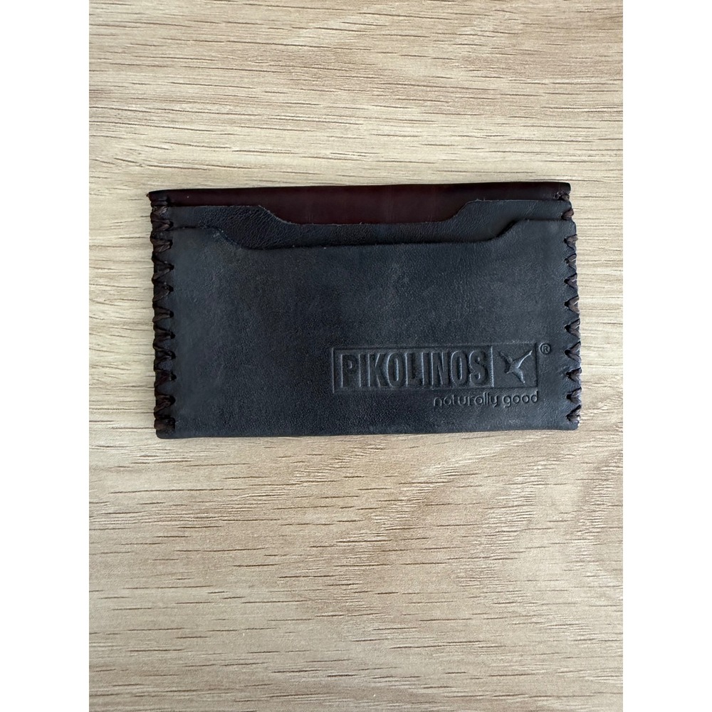 Pikolinos Leather Card Holder Slim Wallet Brown Grey Whipstitch Minimalist